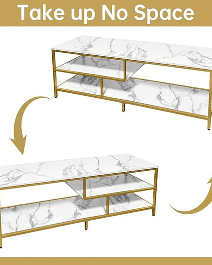 AT-VALY TV Stand for 55-75 inch TVs, Metal&MDF TV Stand with 3-Tier Storage Shelves for Living Room, Entertainment Center with Storage Cabinets (Gold) - LeafyLoom