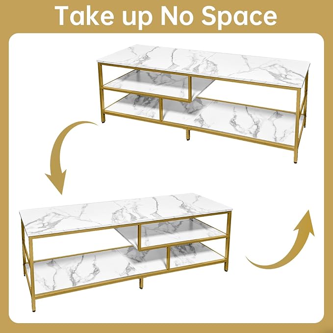 AT-VALY TV Stand for 55-75 inch TVs, Metal&MDF TV Stand with 3-Tier Storage Shelves for Living Room, Entertainment Center with Storage Cabinets (Gold) - LeafyLoom