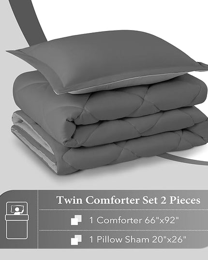 downluxe Twin Comforter Set - Charcoal and Grey Twin Comforter, Soft Bedding Sets for All Seasons -2 Pieces - 1 Comforter (66"x92") and 1 Pillow Sham(20"x26") - LeafyLoom