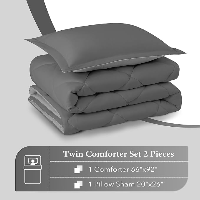 downluxe Twin Comforter Set - Charcoal and Grey Twin Comforter, Soft Bedding Sets for All Seasons -2 Pieces - 1 Comforter (66"x92") and 1 Pillow Sham(20"x26") - LeafyLoom