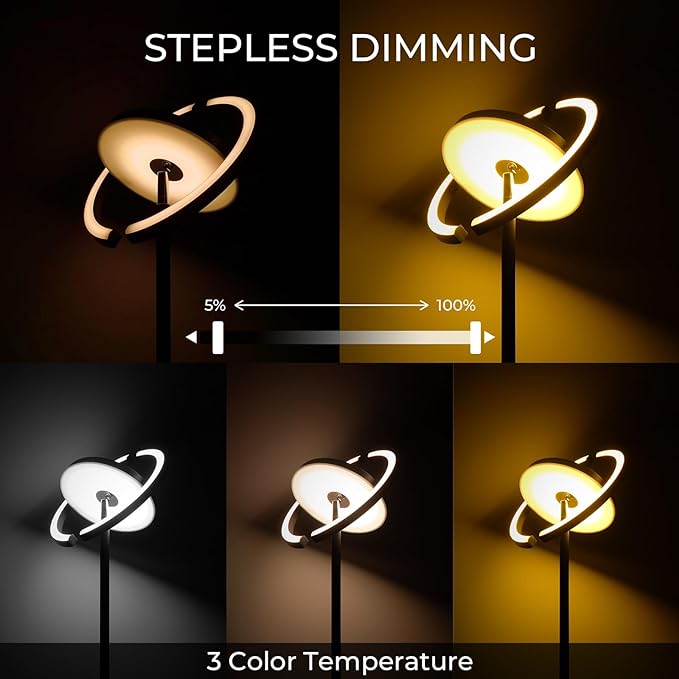 FIMEI Floor Lamp for Living Room, Saturn Ring Original Design, LED Bright Rotatable Modern Floor Lamp, Stepless Dimming and 3 Color Temperatures, Touch/Remote Control, for Bedroom Office, Black - LeafyLoom