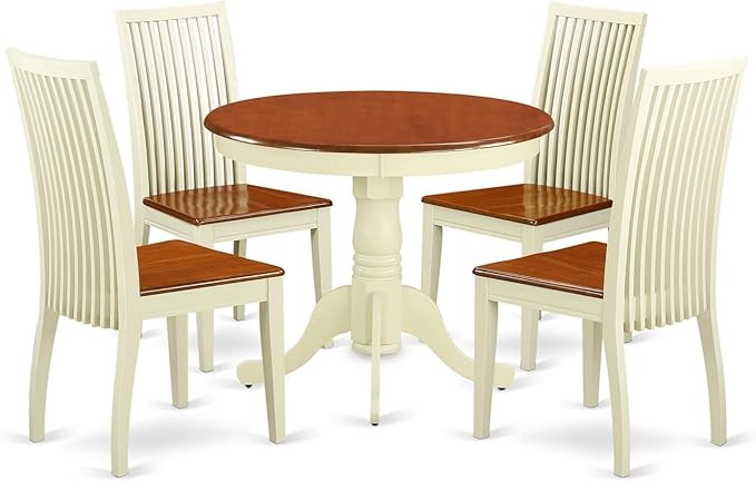 East West Furniture ANIP5-BMK-W 5 Piece Set for 4 Includes a Round Kitchen Table with Pedestal and 4 Dining Room Chairs, 36x36 Inch - LeafyLoom