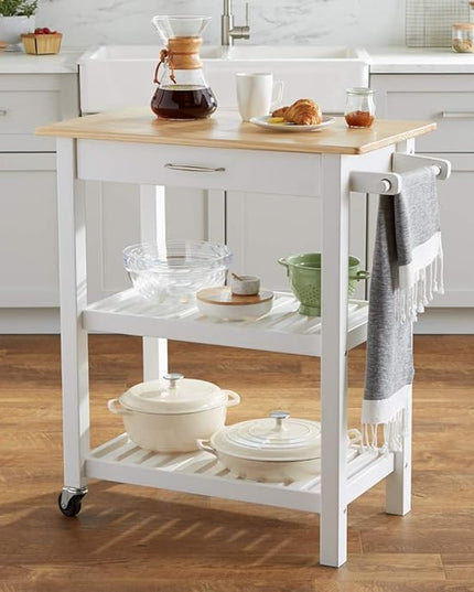 Amazon Basics 2 shelves Kitchen Island Cart with Storage, Solid Wood Top and Wheels, 35.4 x 18 x 36.5 inches, Natural / White - LeafyLoom