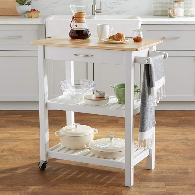 Amazon Basics 2 shelves Kitchen Island Cart with Storage, Solid Wood Top and Wheels, 35.4 x 18 x 36.5 inches, Natural / White - LeafyLoom