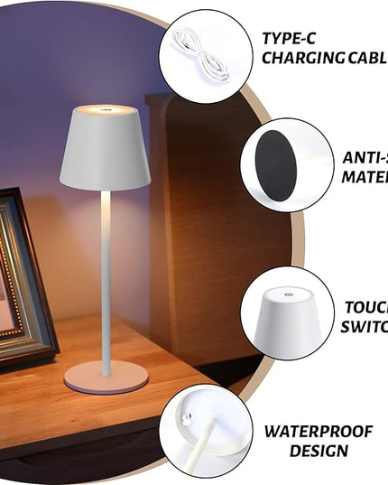 Maksone 2 pack LED Cordless Table Lamp, 6600mWh Rechargeable Battery Desk Lamp, 3000K Stepless Dimming Night Light, IP54 Waterproof Metal Outdoor Portable Lamp for Camping, Restaurant (White) - LeafyLoom