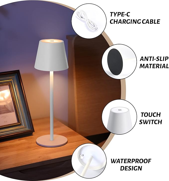 Maksone 2 pack LED Cordless Table Lamp, 6600mWh Rechargeable Battery Desk Lamp, 3000K Stepless Dimming Night Light, IP54 Waterproof Metal Outdoor Portable Lamp for Camping, Restaurant (White) - LeafyLoom