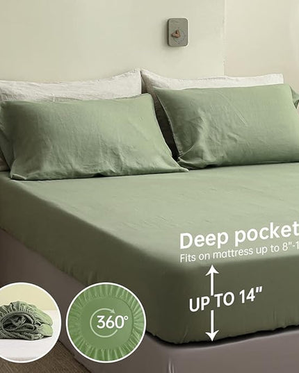 Simple&Opulence 100% Linen Sheet Set Solid Color-4 Pcs Washed French Linen Bed Sheets(1 Flat Sheet,1 Fitted Sheet,2 Pillowcases)-Breathable Bedding Set (Sage Green, Queen) - LeafyLoom