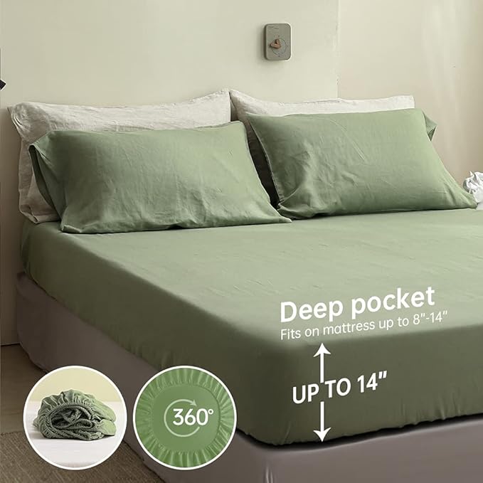 Simple&Opulence 100% Linen Sheet Set Solid Color-4 Pcs Washed French Linen Bed Sheets(1 Flat Sheet,1 Fitted Sheet,2 Pillowcases)-Breathable Bedding Set (Sage Green, Queen) - LeafyLoom