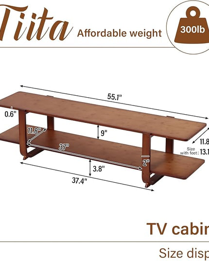 Tiita TV Stand with Storage for TVs up to 65'', Bamboo TV Console Entertainment Center with 2 Open Shelf, Mid Century Modern Media Console for Living Room, Bedroom, Walnut - LeafyLoom
