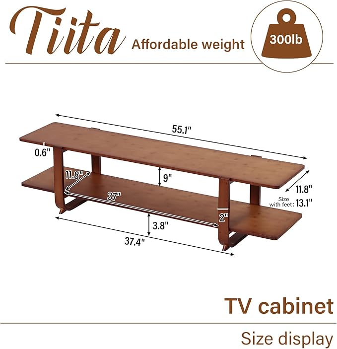 Tiita TV Stand with Storage for TVs up to 65'', Bamboo TV Console Entertainment Center with 2 Open Shelf, Mid Century Modern Media Console for Living Room, Bedroom, Walnut - LeafyLoom
