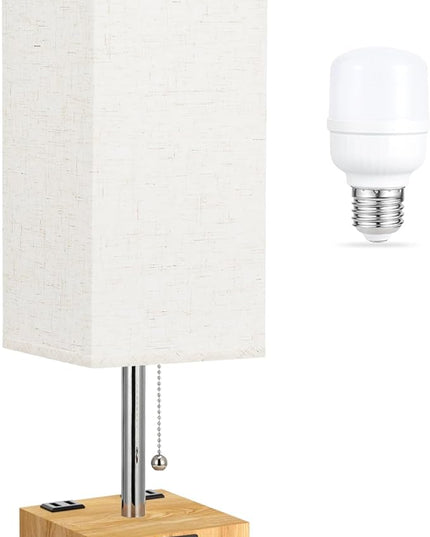 aooshine Beige Small Table Lamp for Bedroom - 3 Color Temperature 3000K 5000K 4000K Bedside Lamp, Pull Chain Control, USB A and C Ports and AC Outlets, Wood-grain Base, Bulb Included - LeafyLoom