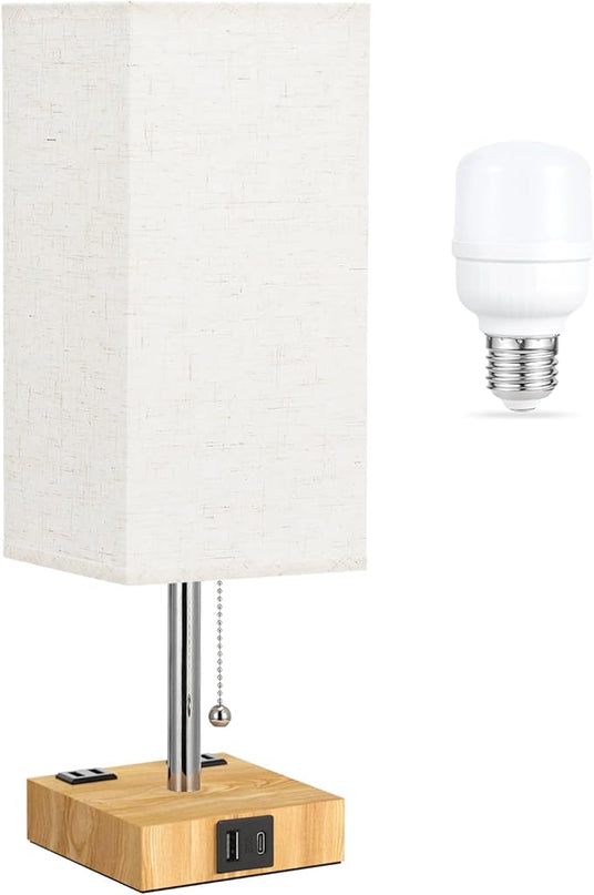 aooshine Beige Small Table Lamp for Bedroom - 3 Color Temperature 3000K 5000K 4000K Bedside Lamp, Pull Chain Control, USB A and C Ports and AC Outlets, Wood-grain Base, Bulb Included - LeafyLoom