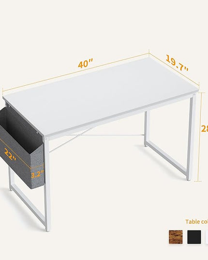 Cubiker Computer Desk 40 inch Home Office Writing Study Desk, Modern Simple Style Laptop Table with Storage Bag, White Metal Frame, White - LeafyLoom