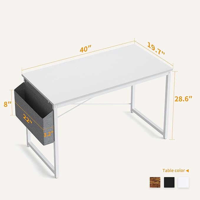 Cubiker Computer Desk 40 inch Home Office Writing Study Desk, Modern Simple Style Laptop Table with Storage Bag, White Metal Frame, White - LeafyLoom