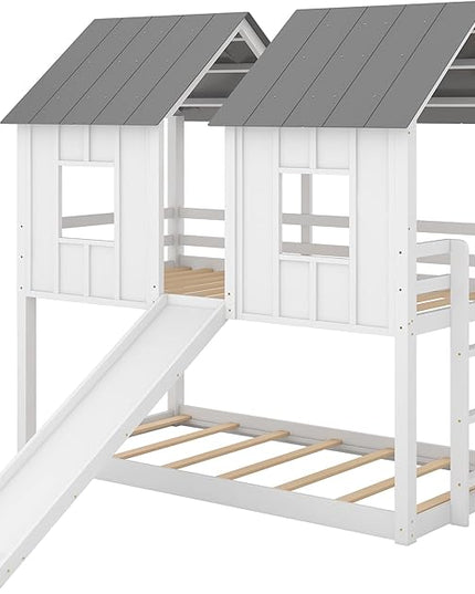 Low House Bunk Bed with Slide and Windows, Twin Over Twin Wooden Bunk Beds with Safety Guardrails for Kids Teen, Girls, Boys, White - LeafyLoom
