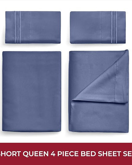 Mellanni RV Short Queen Sheets - 4 PC Iconic Collection Bedding Sheets & Pillowcases - Hotel Luxury, Extra Soft, Cooling Bed Sheets - Deep Pocket up to 10 inch (RV/Short Queen, Blue Nova) - LeafyLoom