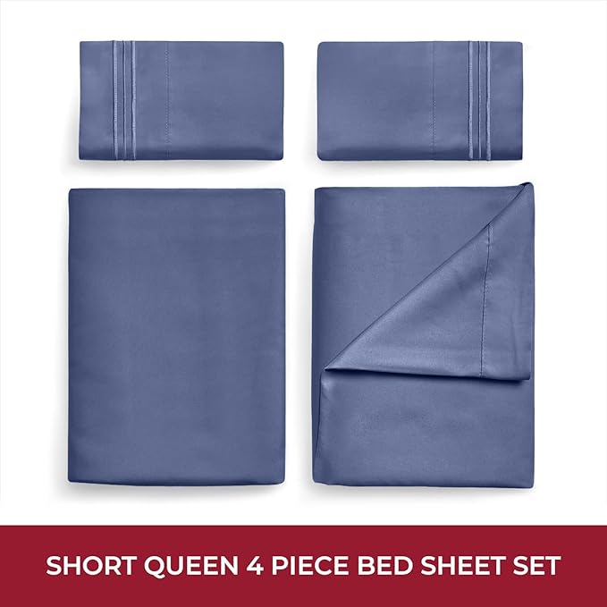 Mellanni RV Short Queen Sheets - 4 PC Iconic Collection Bedding Sheets & Pillowcases - Hotel Luxury, Extra Soft, Cooling Bed Sheets - Deep Pocket up to 10 inch (RV/Short Queen, Blue Nova) - LeafyLoom