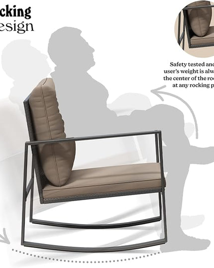 3 Piece Rocking Bistro Set - Synthetic Wicker Outdoor Furniture - Glass Coffee Table with 2 Chairs for Balcony, Patio & Porch - Black Metal, Soft Cushions (Coffee) - LeafyLoom