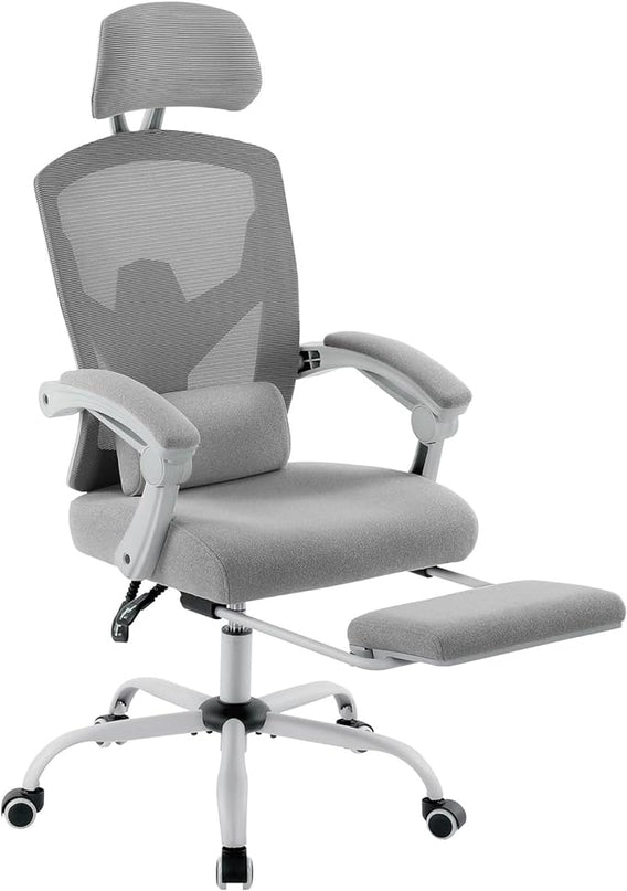 MCQ Office Computer Desk Chair, Gaming Chairs for Adults, High-Back Mesh Rolling Swivel Reclining Chairs with Wheels, Comfortable Lumbar Support, Comfy Arms for Home, Office, Gaming, Student, Grey - LeafyLoom
