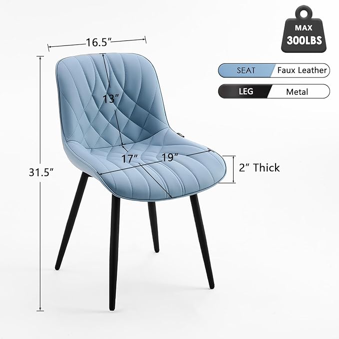 YOUNUOKE Dining Chairs Set of 2 Mid Century Modern Kitchen Chair Comfortable Upholstered Faux Leather Dinner Chairs for Kitchen Dining Room, Blue - LeafyLoom
