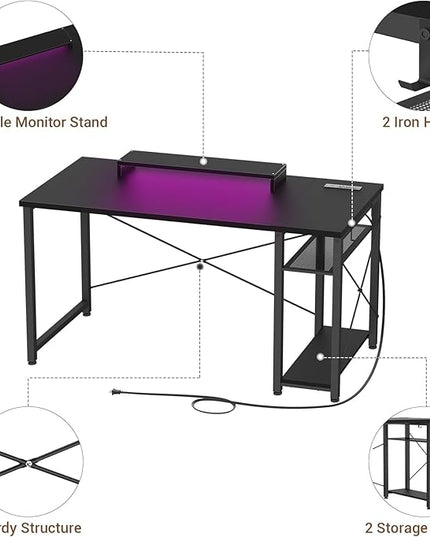 armocity Computer Desk with LED Lights, Gaming Desk with Power Outlet and USB, 40 Reversible Laptop Table with Moveable Monitor Stand, Small Desk for Small Spaces, Office, Gaming Room, Black - LeafyLoom