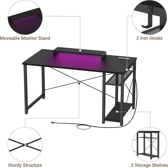 armocity Computer Desk with LED Lights, Gaming Desk with Power Outlet and USB, 40 Reversible Laptop Table with Moveable Monitor Stand, Small Desk for Small Spaces, Office, Gaming Room, Black - LeafyLoom