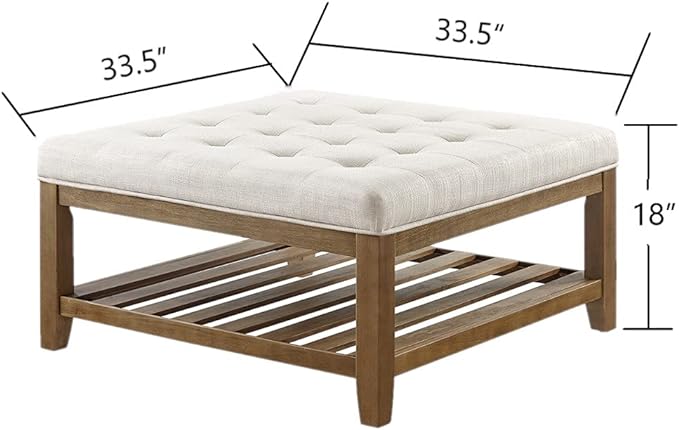 24KF Large Square Upholstered Tufted Linen Ottoman Coffee Table, Large Footrest Ottoman with Solid Wood Shelf-Ivory - LeafyLoom
