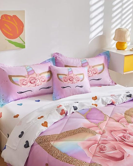 ADASMILE A & S Twin Unicorn Comforter Sets for Girls 6 Pieces Pink Floral Unicorn Bedding Set with Colorful Cute Love Heart Sheets Twin for Girls Unicorn Bed in a Bag Comforter for Home Decor - LeafyLoom