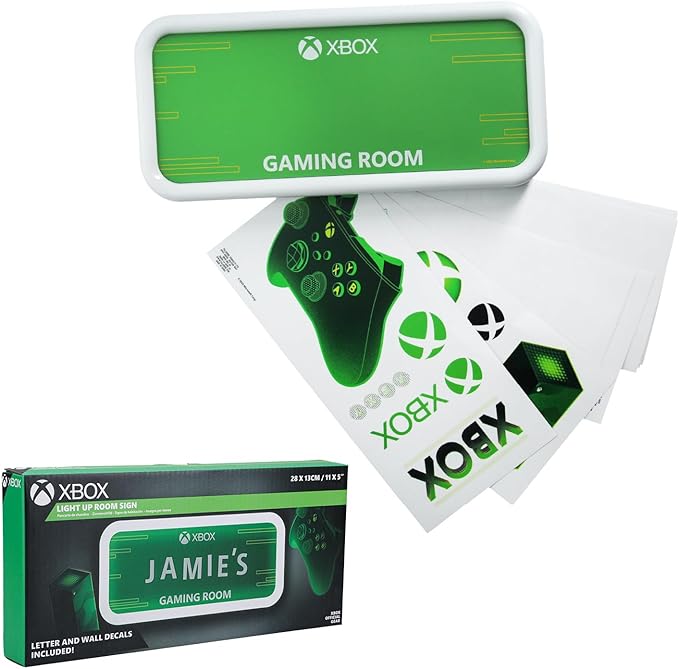 Paladone Xbox Officially Licensed Light Up Gaming Room Sign, Customizable with Stickers, LED Hanging Decor for Wall or Door, Gift for PlayStation Gamers, Green Accent Light with Custom Name - LeafyLoom