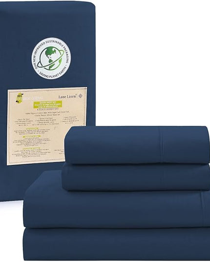 LANE LINEN 100% Organic Cotton Sheets Set, 4Pc Sheet Set Queen Size, Classic Percale Weave, Breathable Queen Cotton Sheet Set, Hotel Luxury Queen Deep Pocket Sheet Set, Oeko-Tex Sheets - Estate Blue - LeafyLoom