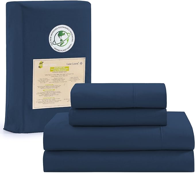 LANE LINEN 100% Organic Cotton Sheets Set, 4Pc Sheet Set Queen Size, Classic Percale Weave, Breathable Queen Cotton Sheet Set, Hotel Luxury Queen Deep Pocket Sheet Set, Oeko-Tex Sheets - Estate Blue - LeafyLoom