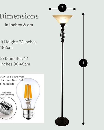 LIGHTACCENTS Bronze Floor Lamp with Alabaster Glass Bowl Shade for Living Room Decor - Torchiere Floor Lamps- Tall Floor Lamp - Traditional Iron Scrollwork Unique Floor Lamp for Living Room - LeafyLoom