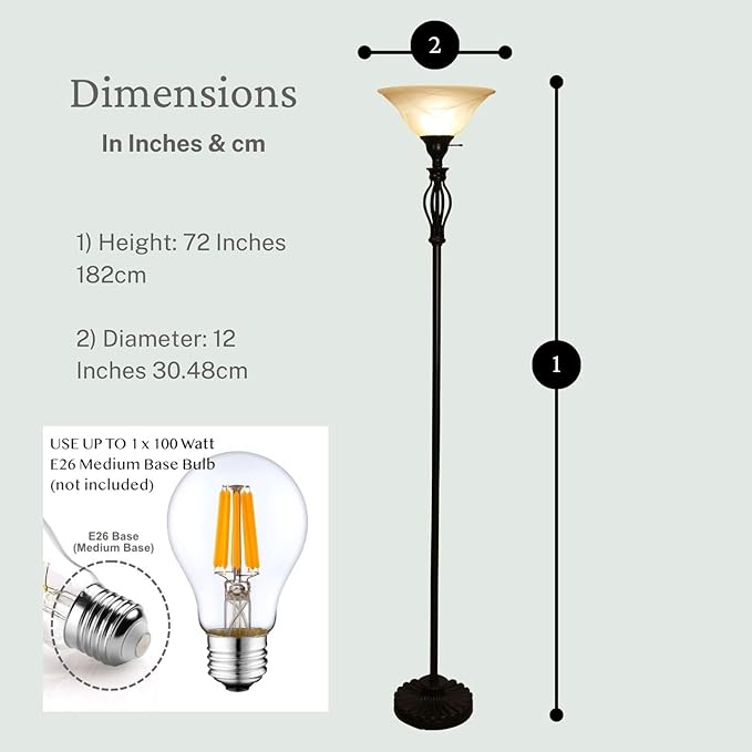 LIGHTACCENTS Bronze Floor Lamp with Alabaster Glass Bowl Shade for Living Room Decor - Torchiere Floor Lamps- Tall Floor Lamp - Traditional Iron Scrollwork Unique Floor Lamp for Living Room - LeafyLoom
