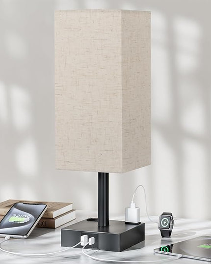 Touch Bedside Table Lamp For Nightstand - 3-Way Dimmable Night Lamp with USB A + Type C Charging Ports and two AC Outlets, Small Desk Light with E26 LED Bulb for Bedroom Living Room Dorm, BEIGE - LeafyLoom