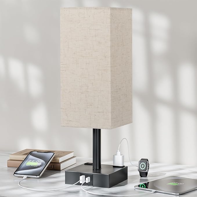 Touch Bedside Table Lamp For Nightstand - 3-Way Dimmable Night Lamp with USB A + Type C Charging Ports and two AC Outlets, Small Desk Light with E26 LED Bulb for Bedroom Living Room Dorm, BEIGE - LeafyLoom