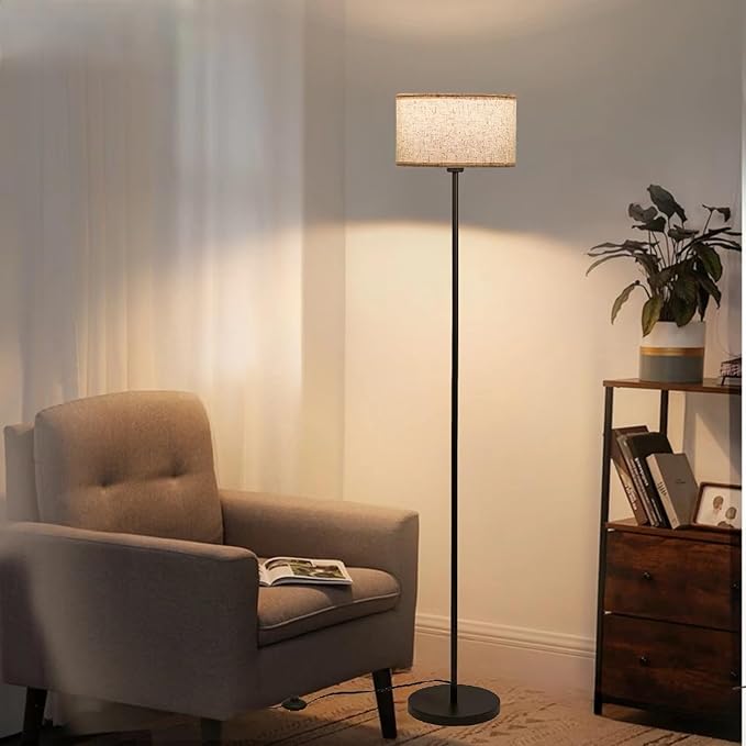 Modern Simple Floor Lamp Design with White Shade, Foot Pedal Switch, Minimalism floor Lamp for Living Room Bedroom Office Dining Room Kitchen, Black Pole Lamp (with Bulb) - LeafyLoom