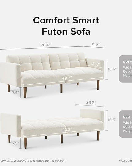 mopio Aaron Couch, Small Sofa, Futon, Sofa Bed, Sleeper Sofa, Loveseat, Mid Century Modern Futon Couch, Sofa Cama, Couches for Living Room, Bedroom (Pearl White, Boucle) - LeafyLoom