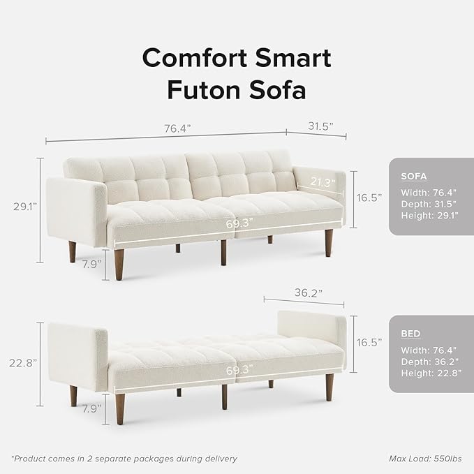 mopio Aaron Couch, Small Sofa, Futon, Sofa Bed, Sleeper Sofa, Loveseat, Mid Century Modern Futon Couch, Sofa Cama, Couches for Living Room, Bedroom (Pearl White, Boucle) - LeafyLoom