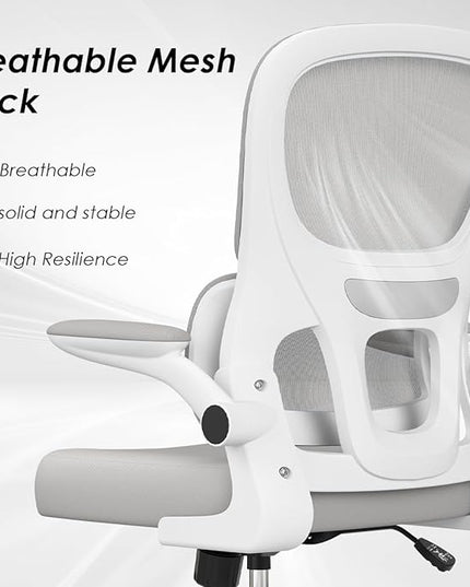 Soohow Ergonomic Home Office Chair, Mesh Desk Chair with Lumbar Support, Comfy Computer Desk Chair with Flip Armrest Rolling Wheels, Grey. - LeafyLoom