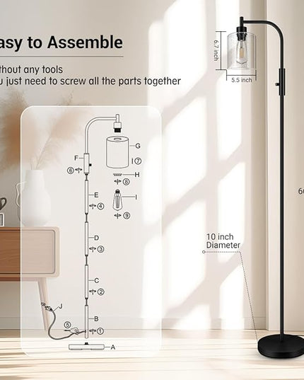 BoostArea Dimmable Floor Lamp, Standing Lamp with Seeded Glass Lampshade, 6W LED Bulb Included, Modern Floor Lamp, Industrial Floor Lamp, Bright LED Floor Lamp for Living Room and Bedroom, Office - LeafyLoom