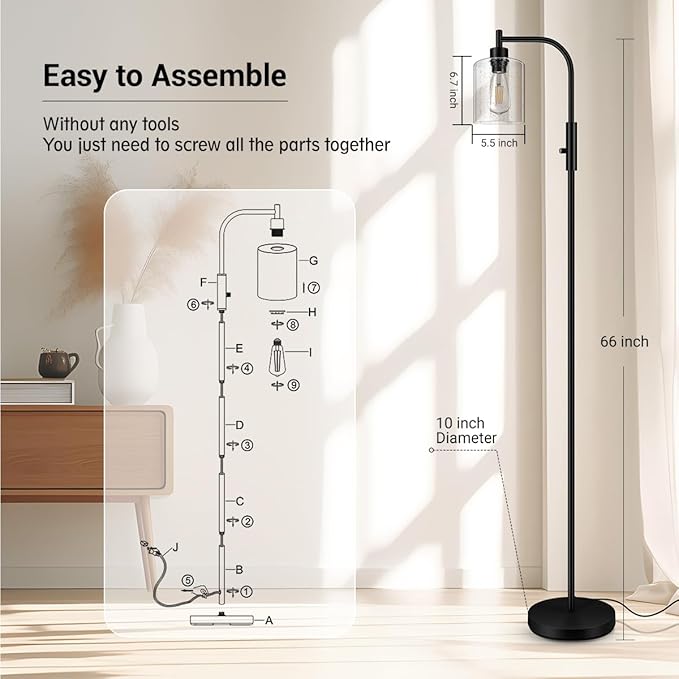BoostArea Dimmable Floor Lamp, Standing Lamp with Seeded Glass Lampshade, 6W LED Bulb Included, Modern Floor Lamp, Industrial Floor Lamp, Bright LED Floor Lamp for Living Room and Bedroom, Office - LeafyLoom