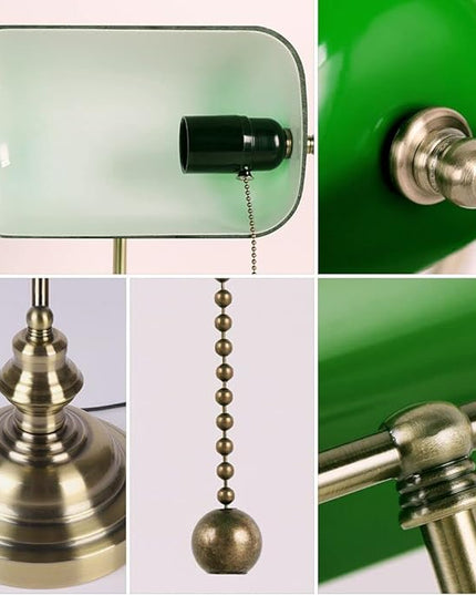 Newrays Glass Bankers Desk Lamp with Pull Chain Switch Plug in Fixture (Green) - LeafyLoom