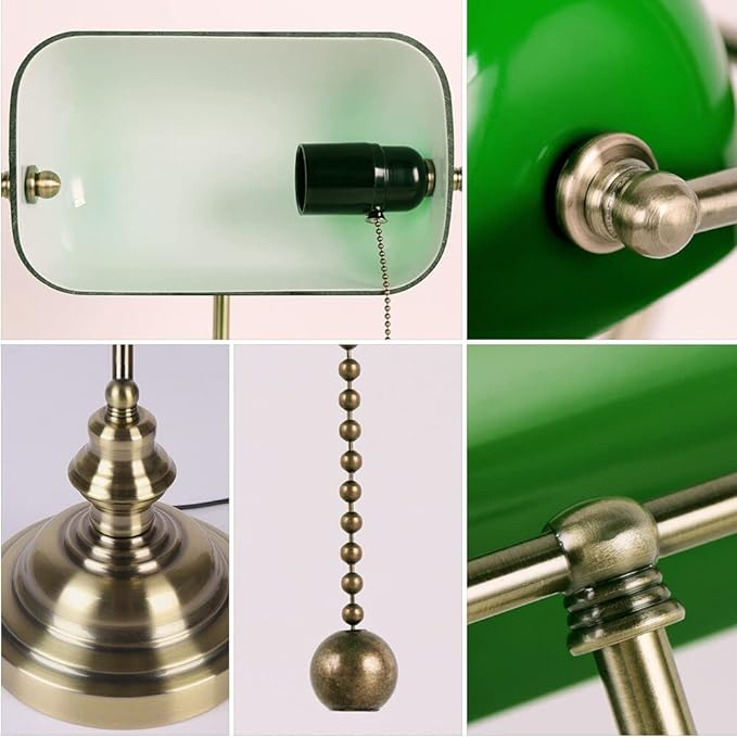 Newrays Glass Bankers Desk Lamp with Pull Chain Switch Plug in Fixture (Green) - LeafyLoom
