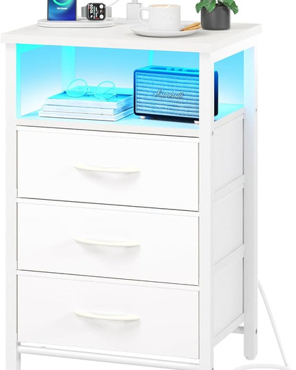 Yoobure Night Stand with Charging Station, 16 Colors LED Nightstand with USB Ports and Outlets, End Table with 3 Fabric Drawers and Storage Shelf, Bedside Tables Small Dresser for Small Space White - LeafyLoom