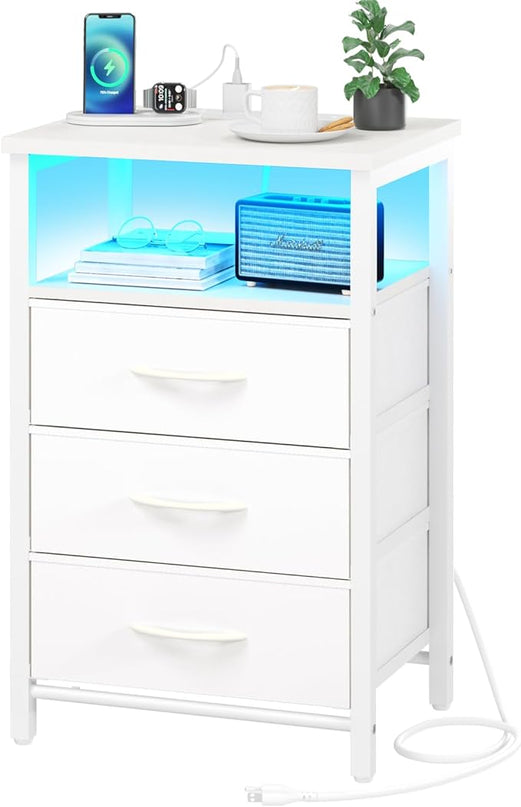 Yoobure Night Stand with Charging Station, 16 Colors LED Nightstand with USB Ports and Outlets, End Table with 3 Fabric Drawers and Storage Shelf, Bedside Tables Small Dresser for Small Space White - LeafyLoom