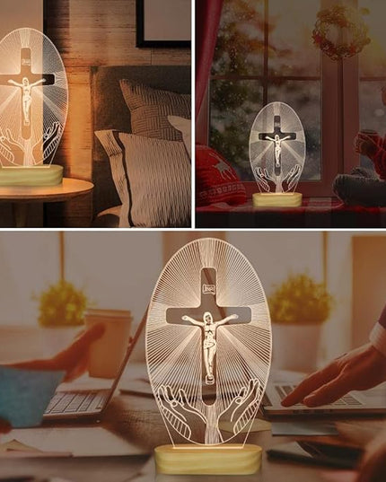 Baptism Gifts for Boys, Wood Bedside Lamp, Yellow, USB Powered, Jesus Cross Decor, LAMP - LeafyLoom