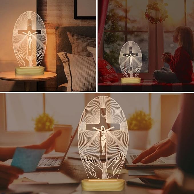 Baptism Gifts for Boys, Wood Bedside Lamp, Yellow, USB Powered, Jesus Cross Decor, LAMP - LeafyLoom