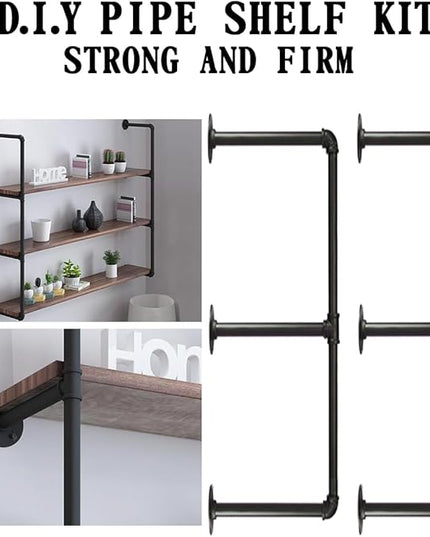 HITOMEN Industrial Iron Pipe Shelves, 2 Set 3-Tier, 28" Tall, 12" Depth, DIY Open Bookshelf Bookcase, Wall Mounted Vintage Retro Shelving, Rustic Farmhouse Pantry Kitchen Storage, Black Shelf Brackets - LeafyLoom