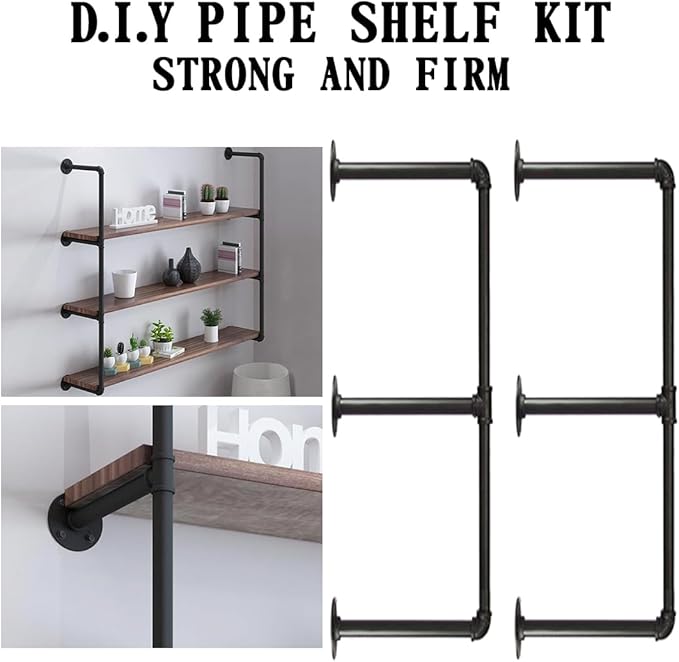 HITOMEN Industrial Iron Pipe Shelves, 2 Set 3-Tier, 28" Tall, 12" Depth, DIY Open Bookshelf Bookcase, Wall Mounted Vintage Retro Shelving, Rustic Farmhouse Pantry Kitchen Storage, Black Shelf Brackets - LeafyLoom