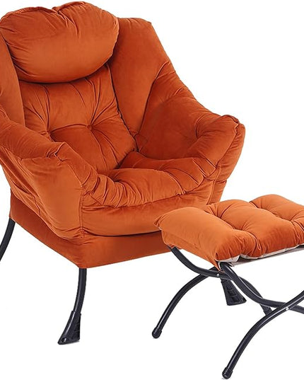 LITA Lazy Chair with Ottoman, Modern Lounge Accent Chair with Armrests and a Side Pocket, Leisure Upholstered Sofa Chair Set, Reading Chair with Footrest for Small Space, Corner Chair,Orange - LeafyLoom